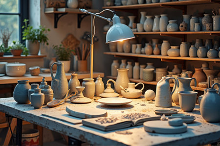 Cozy pottery studio with clay vases and tools on wooden shelves. That the image is generated using AI.の素材