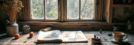 Cozy rustic workspace with open sketchbook and sunlit window in vintage setting. That the image is generated using AI.の素材