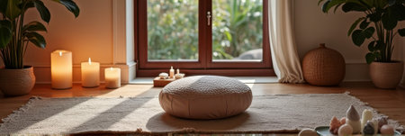 Tranquil meditation space with cushion and candles in sunlit room. That the image is generated using AI.の素材