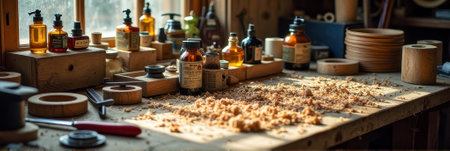 Woodworking workshop with tools, varnishes, and wood shavings in sunlit room. That the image is generated using AI.の素材