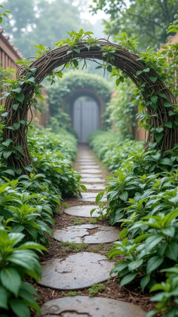 Serene garden pathway with leafy archway. That the image is generated using AI.の素材