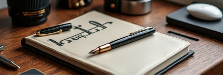 Elegant fountain pens on personalized notebook with calligraphy. That the image is generated using AI.の素材