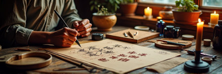 Asian young adult practicing calligraphy surrounded by traditional writing tools and candles. That the image is generated using AI.の素材