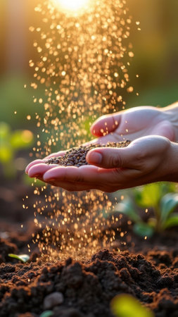 Female hands pouring seeds onto soil with sunlight in garden scene. That the image is generated using AI.の素材