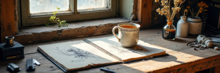 Cozy artistic workspace with sketchbook and cup on rustic desk by sunlit window. That the image is generated using AI.の素材