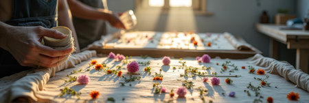 Sunlit textile artisans arranging colorful flowers on fabric for natural dyeing process. That the image is generated using AI.の素材