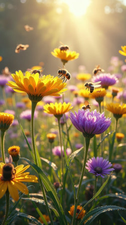 Sunlit meadow with bees buzzing around colorful wildflowers in bloom. That the image is generated using AI.の素材