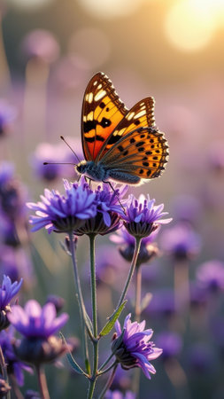 Vibrant butterfly resting on purple flowers at sunset. That the image is generated using AI.の素材