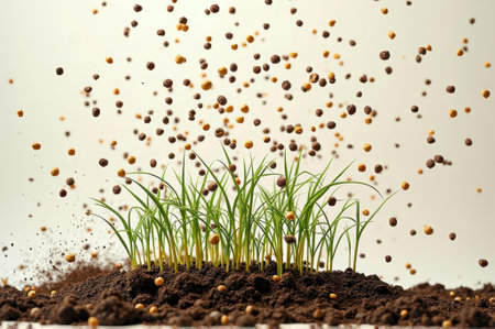 Seedlings sprouting from soil with nutrient pellets. That the image is generated using AI.の素材