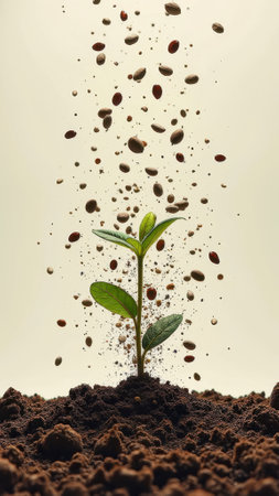 Sprouting seedling with floating soil and seeds in motion. That the image is generated using AI.の素材