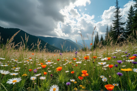 Stunning mountain meadow with wildflowers under a cloudy sky. That the image is generated using AI.の素材