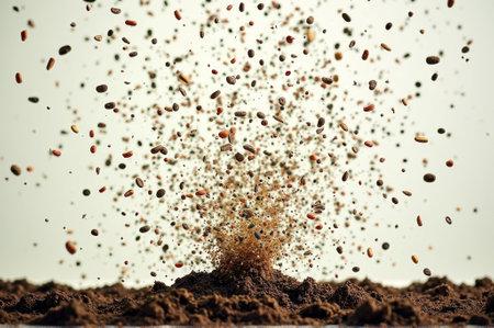 Dynamic explosion of multicolored seeds in soil capturing growth potential. That the image is generated using AI.の素材