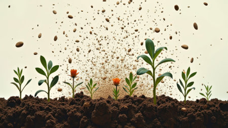 Growing plants in soil with seeds and flowers against exploding soil background. That the image is generated using AI.の素材