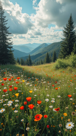 Vibrant wildflowers in a lush mountain meadow with pine forest and clouds. That the image is generated using AI.の素材