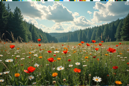 Scenic meadow with wildflowers and pine forest under cloudy sky. That the image is generated using AI.の素材