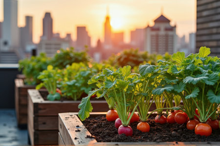 Urban rooftop garden with fresh vegetables at sunset in the city. That the image is generated using AI.の素材