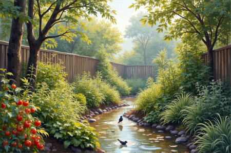 Serene backyard garden with flowing stream and lush vegetation. That the image is generated using AI.の素材