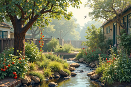 Tranquil backyard garden with stream, flowers, and birds on a sunny day. That the image is generated using AI.の素材