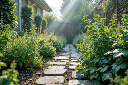 Sunlit garden path with lush greenery and stone walkway on a tranquil morning. That the image is generated using AI.の素材