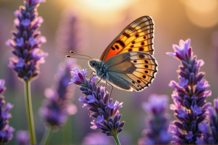 Vibrant butterfly on lavender flowers at sunset. That the image is generated using AI.の素材