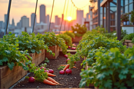 Urban rooftop garden at sunset with fresh vegetables and cityscape background. That the image is generated using AI.の素材