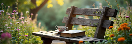 Rustic wooden bench in garden with flowering plants and book under sunlight. That the image is generated using AI.の素材