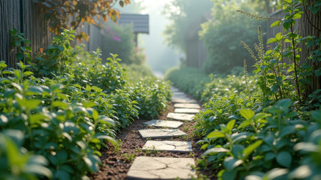 Serene garden pathway with lush greenery and stone steps in morning light. That the image is generated using AI.の素材