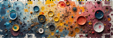 Vibrant abstract art with colorful circles and textured background. That the image is generated using AI.の素材