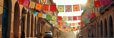 Colorful papel picado banners in historic mexican town street. That the image is generated using AI.の素材