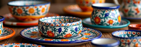 Colorful hand-painted ceramic pottery with floral patterns on wooden table. That the image is generated using AI.の素材