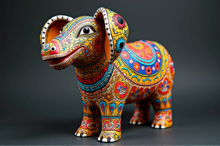 Vibrant ornate elephant figurine with intricate patterns on dark background. That the image is generated using AI.の素材