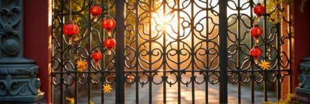 Ornate gate with Chinese lanterns at sunset. That the image is generated using AI.の素材
