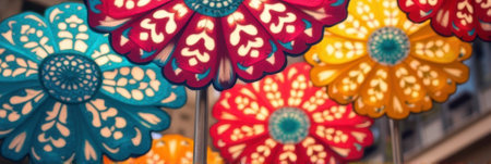 Vibrant decorative umbrellas with red, blue, orange floral patterns in outdoor market. That the image is generated using AI.の素材