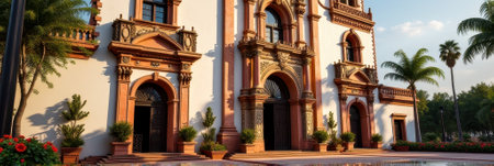 Historic colonial architecture with ornate facade and tropical garden setting. That the image is generated using AI.の素材