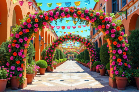 Colorful flower archway in a vibrant courtyard with festive banners on a sunny day. That the image is generated using AI.の素材