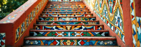 Colorful mosaic tiled staircase in vibrant outdoor setting. That the image is generated using AI.の素材