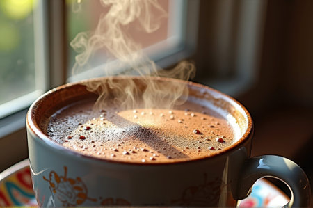 Steaming mug of hot chocolate by sunlit window. That the image is generated using AI.の素材