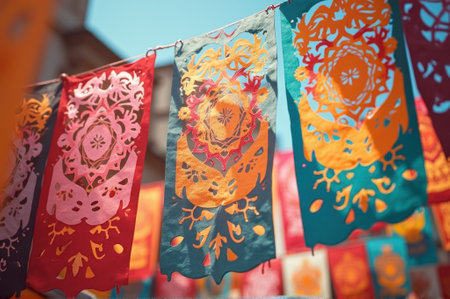 Colorful papel picado decorations hanging outdoors under sunlight. That the image is generated using AI.の素材