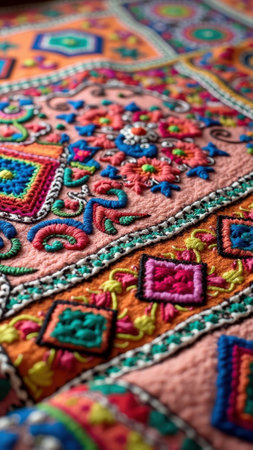 Vibrant traditional textiles with intricate embroidery and colorful patterns. That the image is generated using AI.の素材