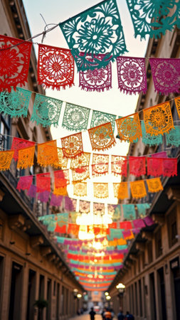 Colorful papel picado decorations adorning a sunny urban street. That the image is generated using AI.の素材