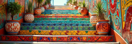 Colorful mosaic staircase with potted plants and vibrant patterns. That the image is generated using AI.の素材