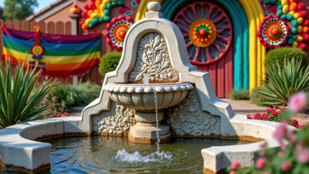 Colorful mexican-inspired garden with decorative fountain and vibrant festive banners. That the image is generated using AI.の素材