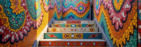 Colorful mosaic staircase with intricate patterns in bright vibrant art installation. That the image is generated using AI.の素材