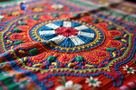 Colorful handwoven textile with intricate embroidery and floral patterns. That the image is generated using AI.の素材