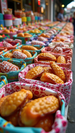 Vibrant display of traditional pastries in colorful baskets at outdoor market. That the image is generated using AI.の素材