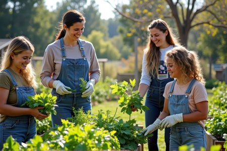 Group of caucasian women gardening together in sunny community garden.の素材