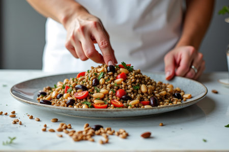 Female preparing mediterranean chickpea and bean salad with tomato and olives.の素材