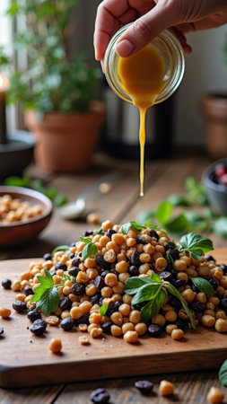 Chickpea salad with raisins and honey mustard dressing on rustic wooden table.の素材