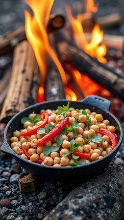 Rustic campfire cooking: chickpeas and red peppers with fresh herbs outdoors. That the image is generated using AI.の素材