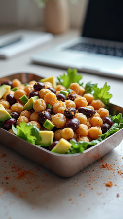 Healthy chickpea and avocado salad with black olives and fresh parsley in metal tray. That the image is generated using AI.の素材